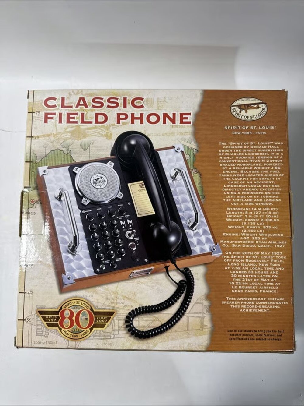 Retro Spirit of St. Louis Classic Field Phone Wood Case NIB Open Box Vintage MCM